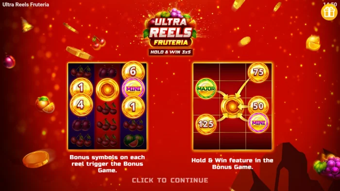 Ultra Reels Fruteria – úvodní menu a tlačítko spustit